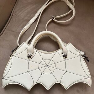 White Web-Detail Batwing Satchel Handbag
